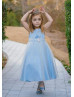 Sky Blue Satin Tulle Tea Length Sweet Flower Girl Dress